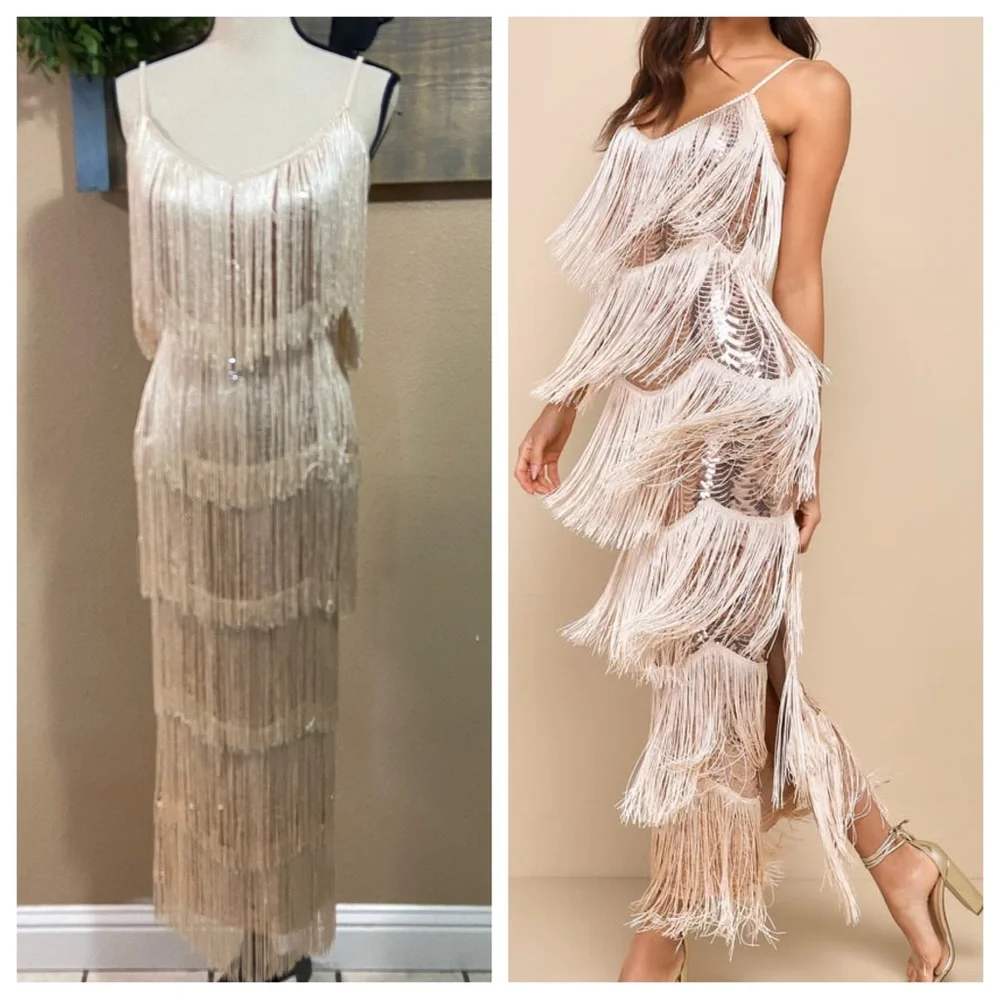 champagne sequin fringe bodycon dress Adrianna Papell Beaded Fringe Dress